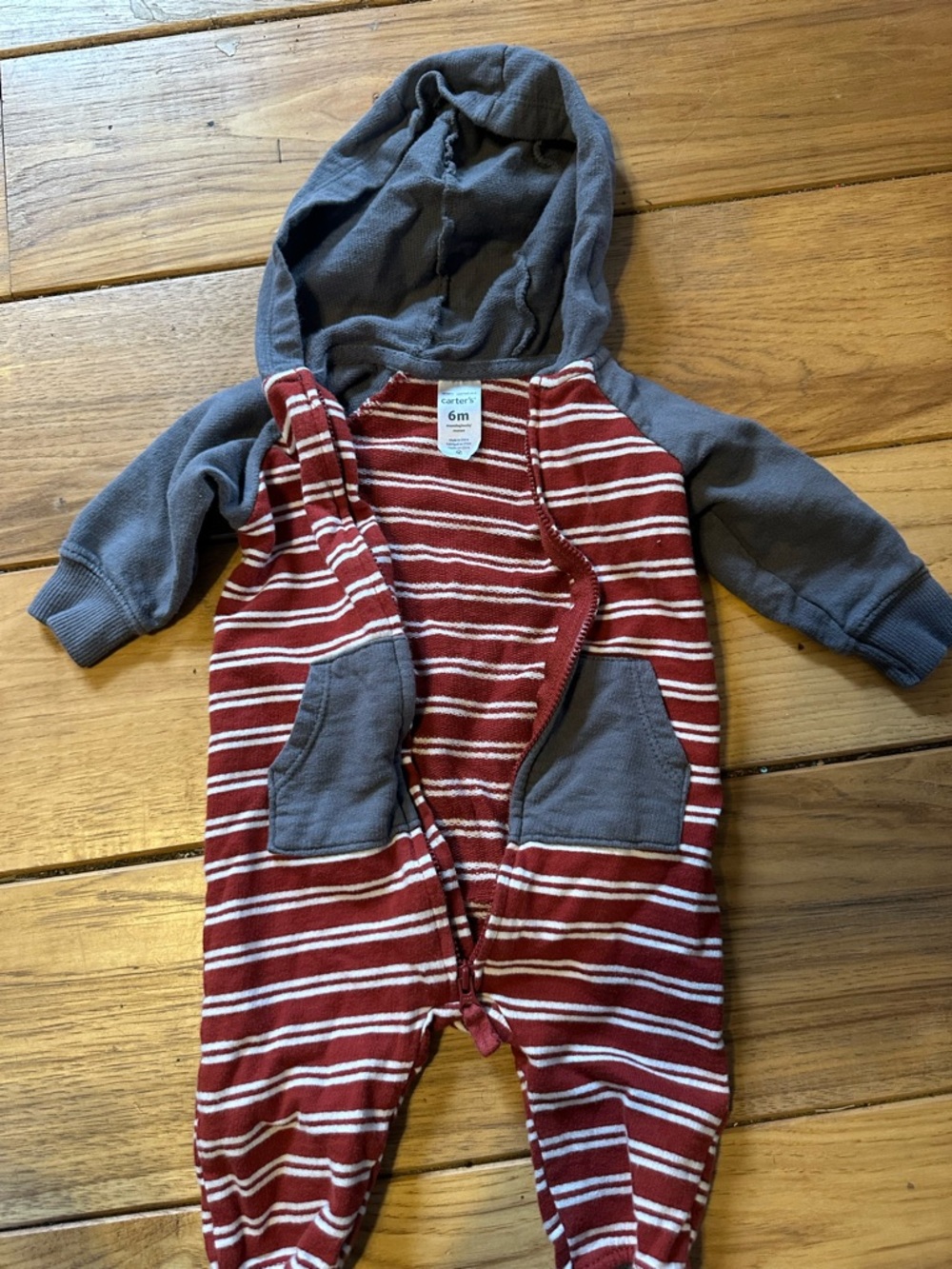Carter's Red & Gray Striped Hooded One-Piece Footie